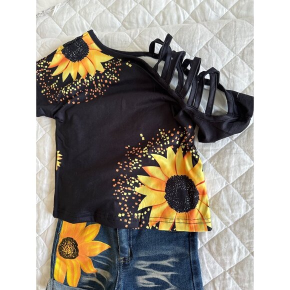 Sunflower Open Shoulder Denim Short Set, Small, 3T, Girls', blue, yellow - Picture 4 of 10